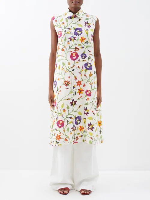 Sleeveless Floral-print Linen Midi Dress - Womens - White Multi