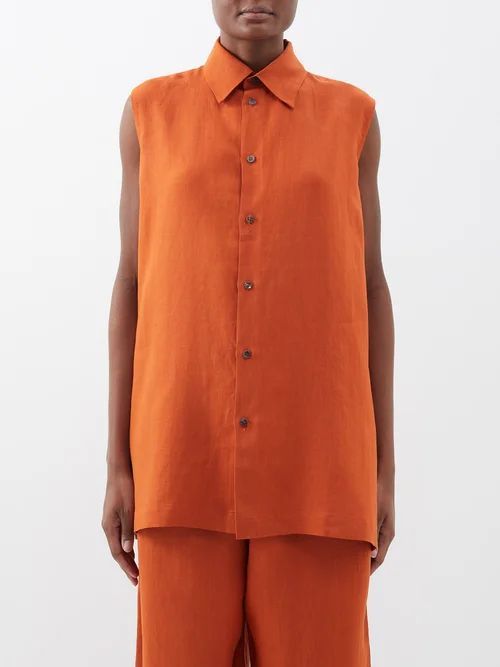 Sleeveless Linen Shirt - Womens - Orange