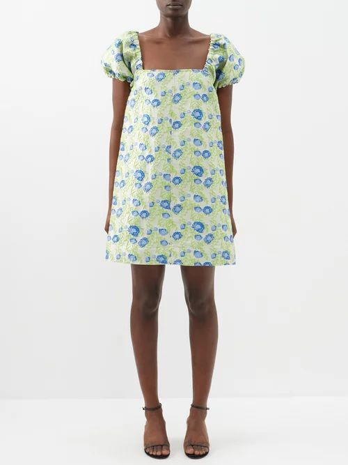 Square-neck Floral-jacquard Mini Dress - Womens - Green Multi