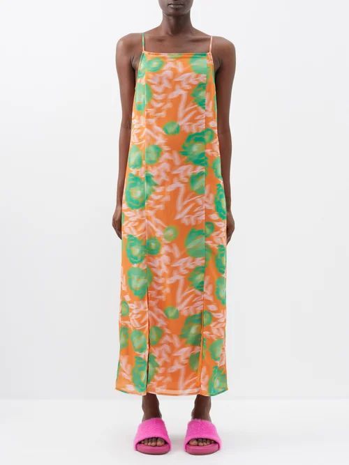 Square-neckline Printed Maxi Dress - Womens - Orange
