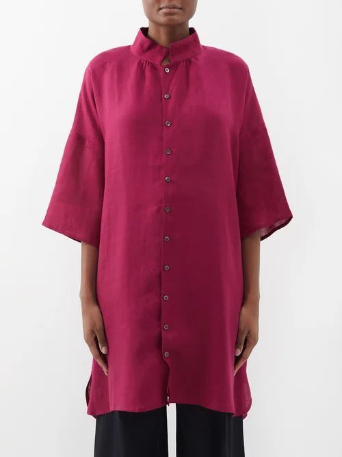 Stand-collar Linen Tunic Shirt - Womens - Magenta