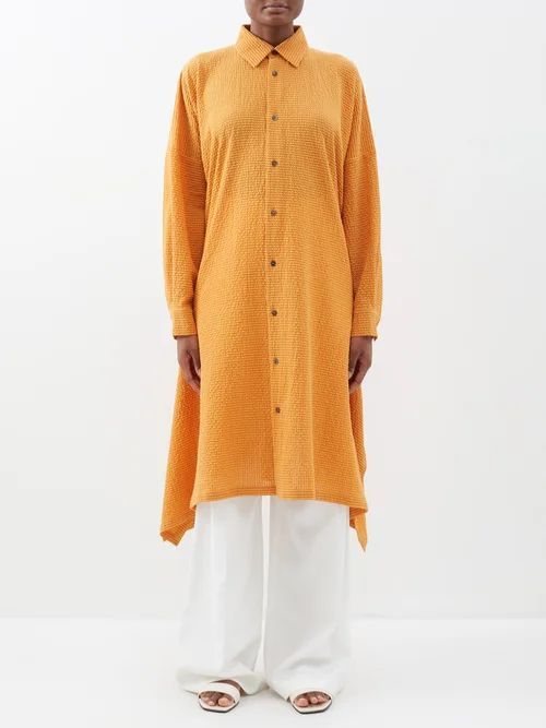 Striped Cotton-seersucker Midi Shirt Dress - Womens - Orange