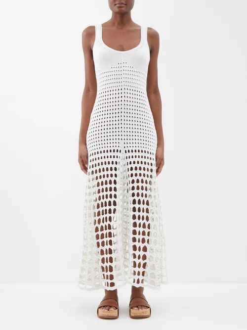 Scoop-neck Crochet Silk Dress - Womens - White