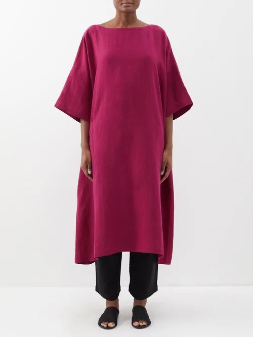 Boat-neck Linen Midi Dress - Womens - Magenta