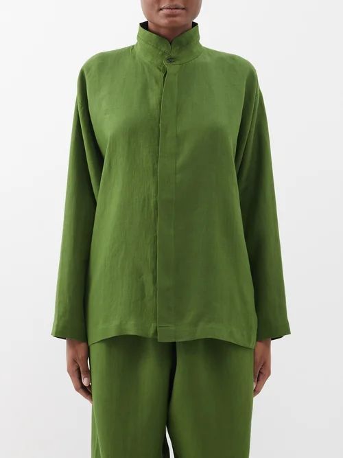 Stacked-collar Linen Shirt - Womens - Dark Green