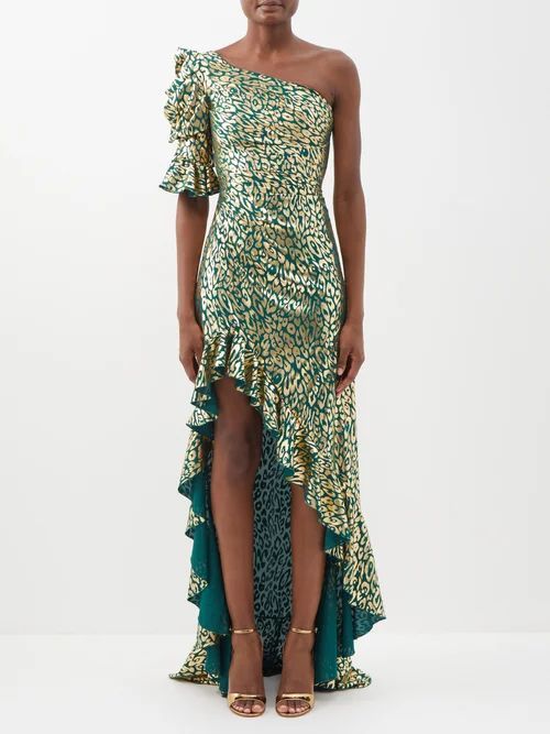 Asymmetric One-shoulder Leopard-lamé Maxi Dress - Womens - Green Gold