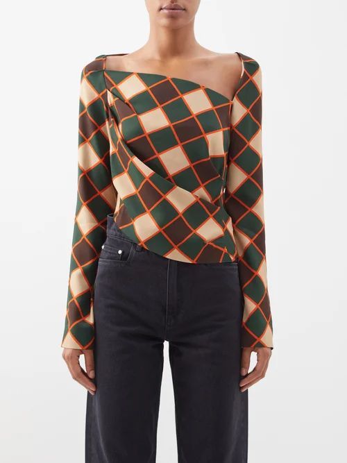 Robyn Asymmetric Checked Twill Top - Womens - Beige Multi