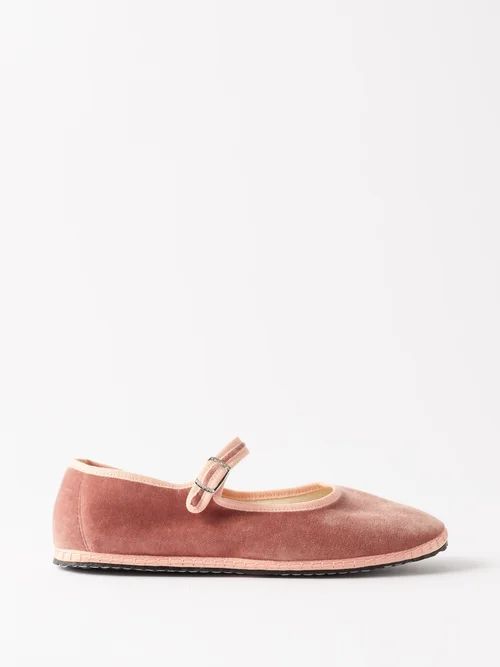 Blanket-stitched Velvet Mary Jane Flats - Womens - Dusty Pink