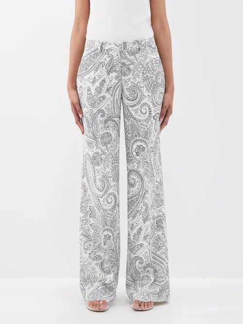 Paisley-print High-rise Trousers - Womens - White