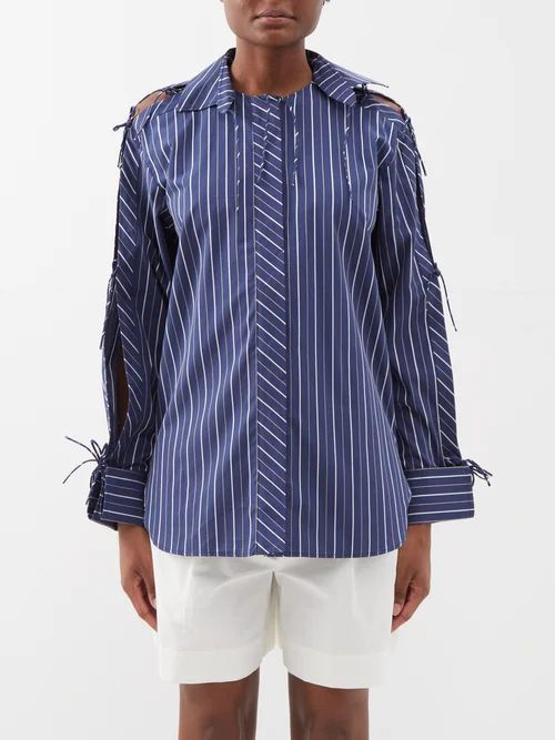 Palmer//harding - Unite Shoulder-tie Striped Cotton Shirt - Womens - Navy Stripe