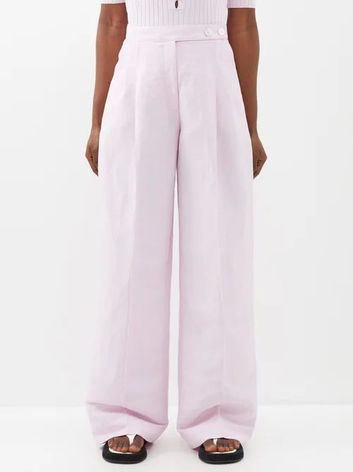 Billie Pleated Linen-blend Wide-leg Trousers - Womens - Light Pink