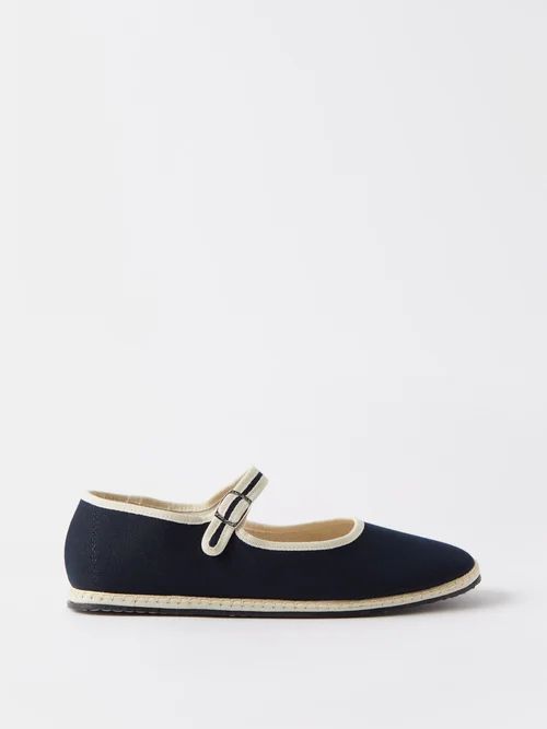 Blanket-stitched Cotton-canvas Mary Jane Flats - Womens - Navy