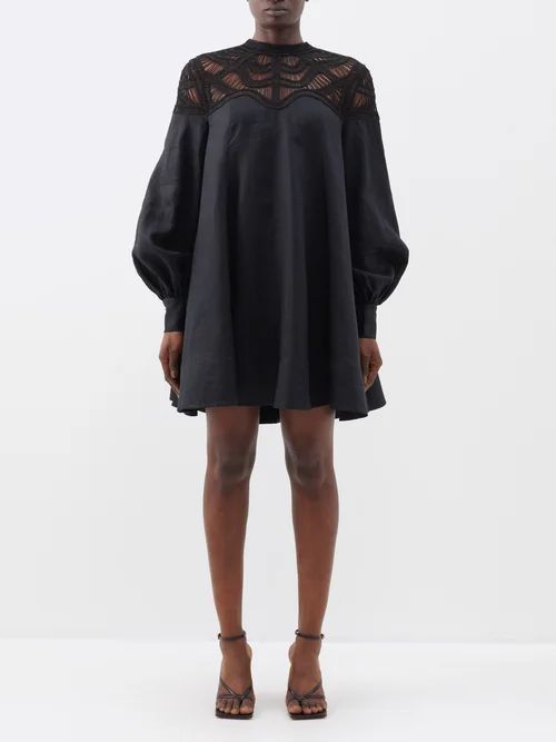 Inka Lace-panelled Linen Mini Dress - Womens - Black