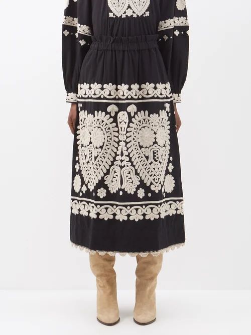 Holly Embroidered-canvas Midi Skirt - Womens - Black