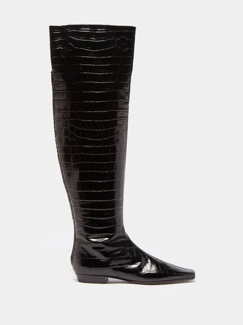 Crocodile-effect Leather Over-the-knee Boots - Womens - Black