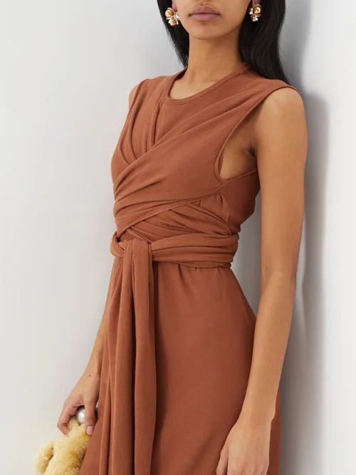 Knotted-front Cotton Midi Dress - Womens - Brown