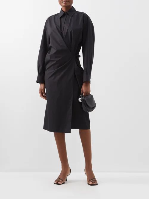 Side-tie Twisted Cotton-poplin Midi Dress - Womens - Black