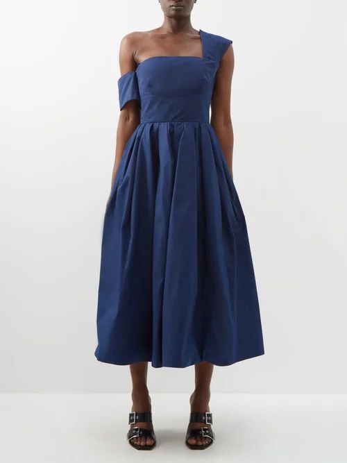 One-shoulder Cotton-poplin Midi Dress - Womens - Dark Blue