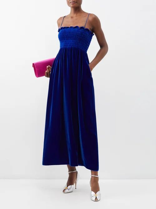 Shirred-bodice Velvet Maxi Dress - Womens - Blue