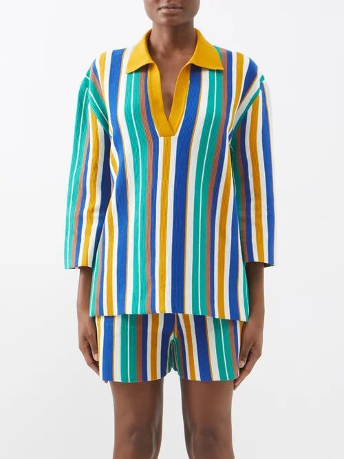 Bay Striped Ribbed-cotton Polo Top - Womens - Multi Stripe