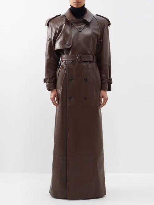 Belted Leather Trench Coat - Womens - Brown