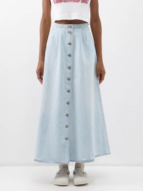 Buttoned Denim Maxi Skirt - Womens - Light Denim