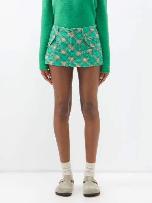 Checked Corduroy Mini Skirt - Womens - Green Print