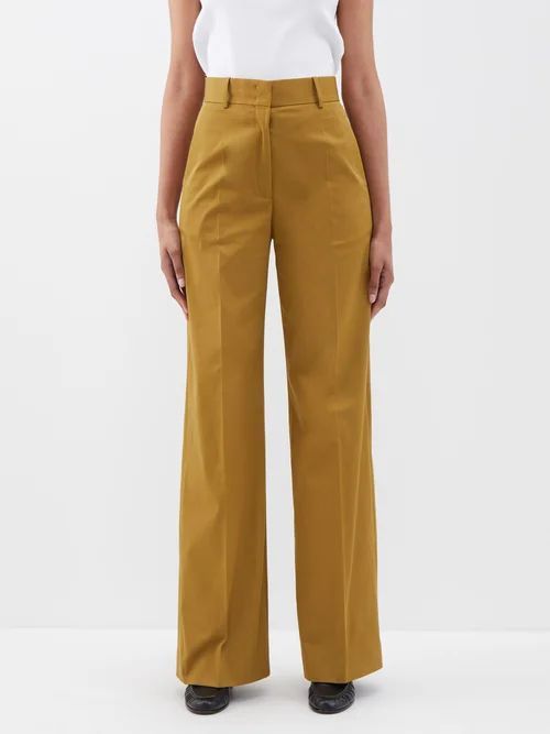 Cotton-blend Twill Wide-leg Trousers - Womens - Olive