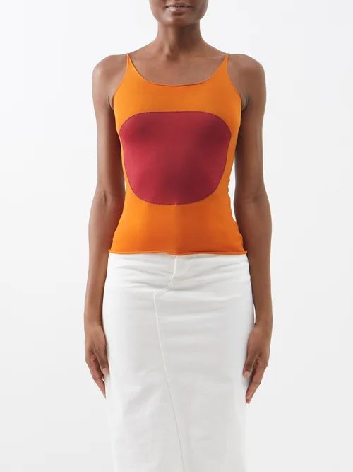 Embroidered Circle Knit Tank Top - Womens - Red Orange