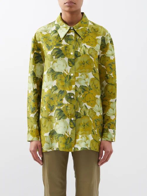 Floral Silk-habotai Blouse - Womens - Green Print