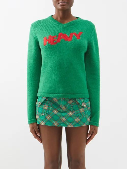 Heavy-appliqué V-neck Cotton-blend Sweater - Womens - Green