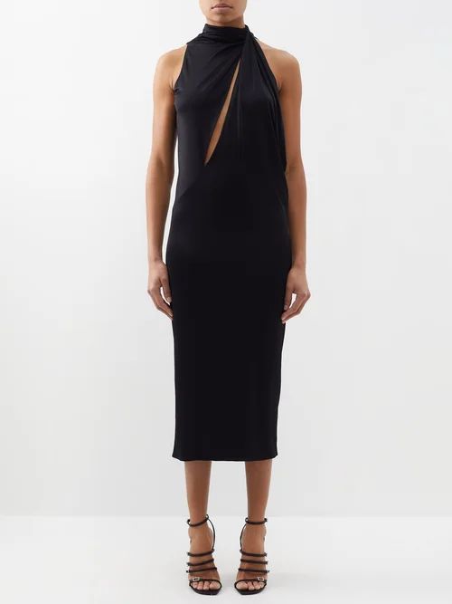High-neck Keyhole-cutout Jersey Midi Dress - Womens - Black