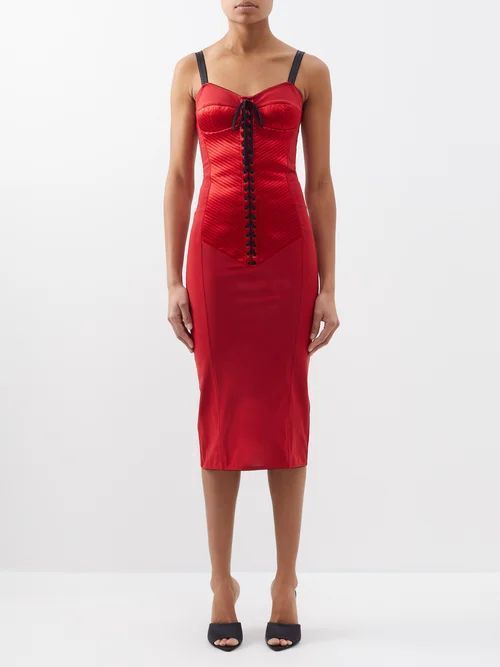 Lace-front Satin Midi Dress - Womens - Red