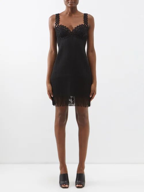 Lace-bustier Fringe-trim Ribbed Mini Dress - Womens - Black