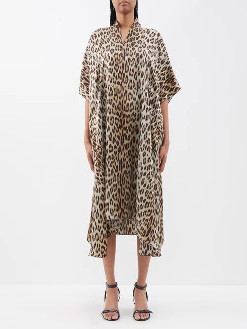 Oversized Leopard-print Silk-satin Midi Dress - Womens - Beige