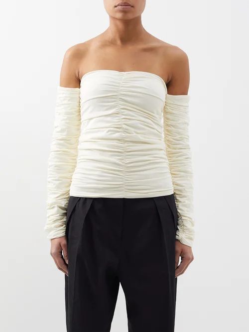 Ruched Off-the-shoulder Organic-cotton Blend Top - Womens - Off White
