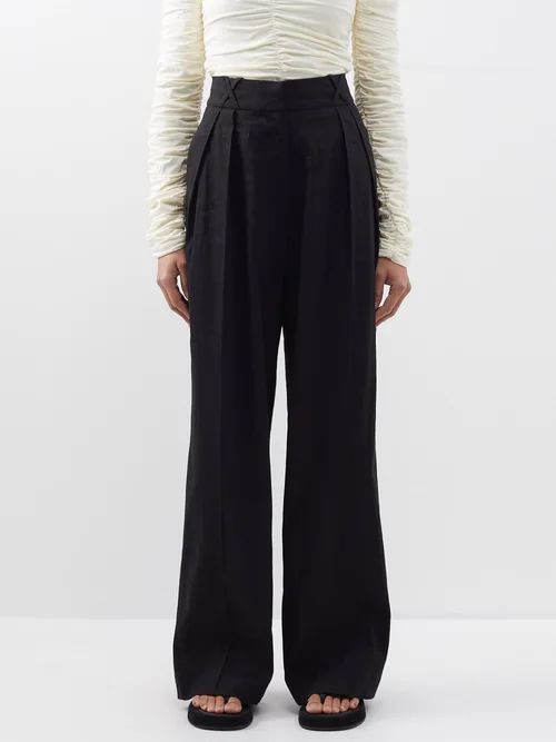 Tailored Linen-blend Straight-leg Trousers - Womens - Black