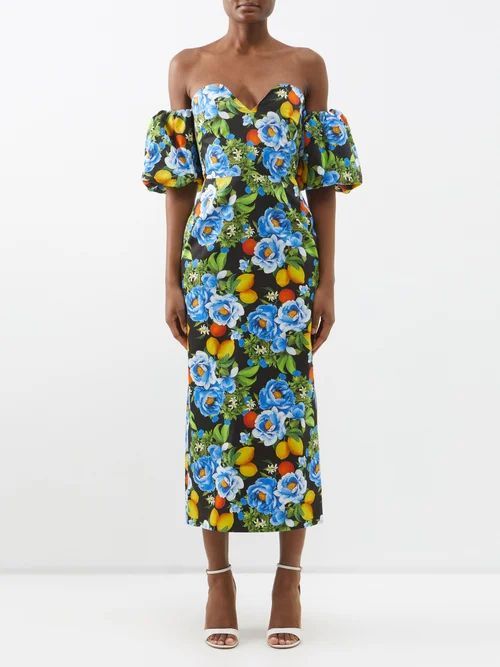 Tati Off-the-shoulder Floral-print Cotton Dress - Womens - Black Print