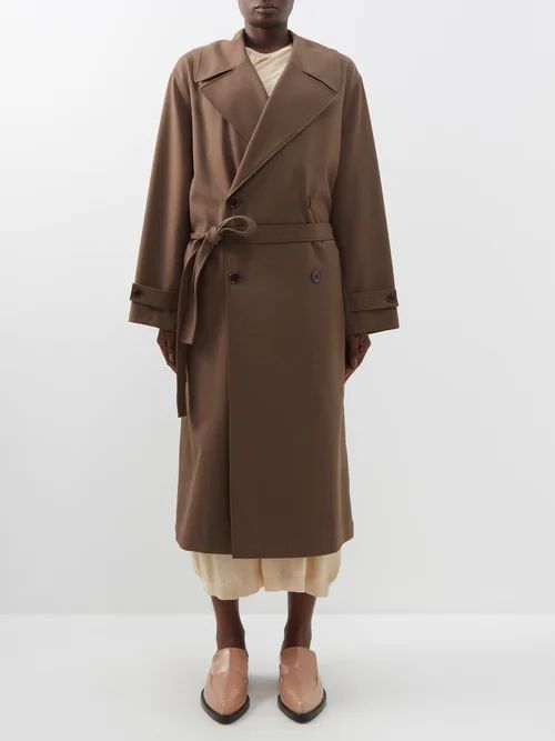 Double-breasted Belted Twill Coat - Womens - Brown
