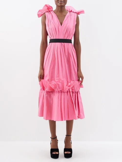 Eniola Ruffled-shoulder Gathered Taffeta Dress - Womens - Bright Pink