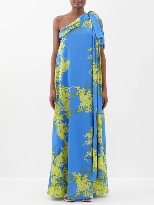Gala One-shoulder Floral-print Georgette Gown - Womens - Blue Yellow
