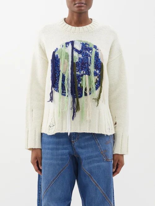 Globe Crystal-embellished Fringed Wool Sweater - Womens - Cream Blue