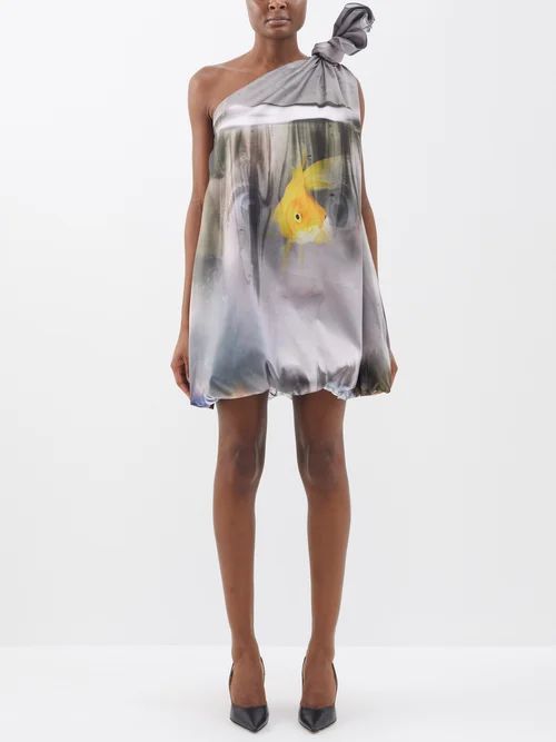 Goldfish-print One-shoulder Satin Mini Dress - Womens - Grey Print