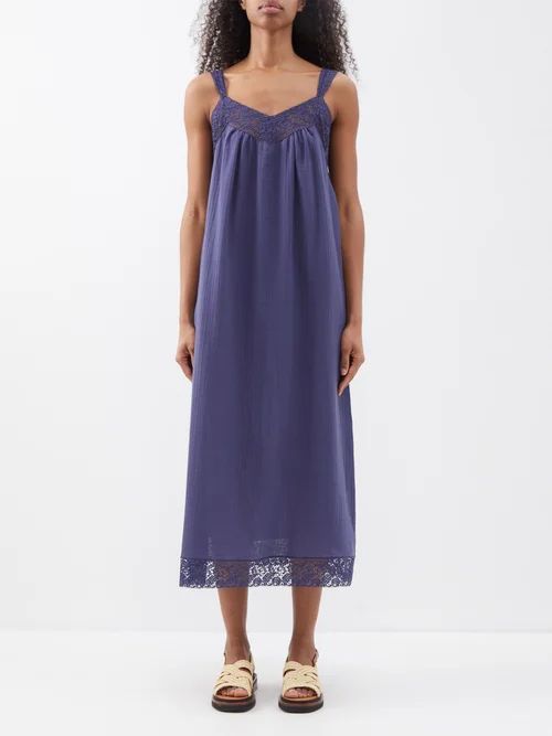 Meridienne Lace-trim Cotton Dress - Womens - Dark Blue