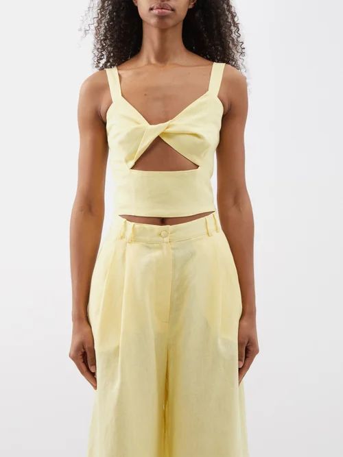 Pia Twisted Cutout Organic-linen Cropped Top - Womens - Light Yellow
