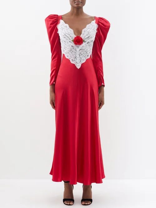 Rose-appliqué Lace-panelled Silk-satin Dress - Womens - Red White