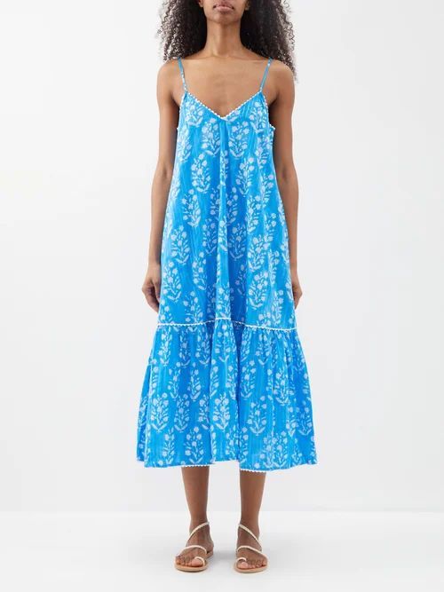 Scallop-trimmed Floral-print Cotton Midi Dress - Womens - Blue Silver