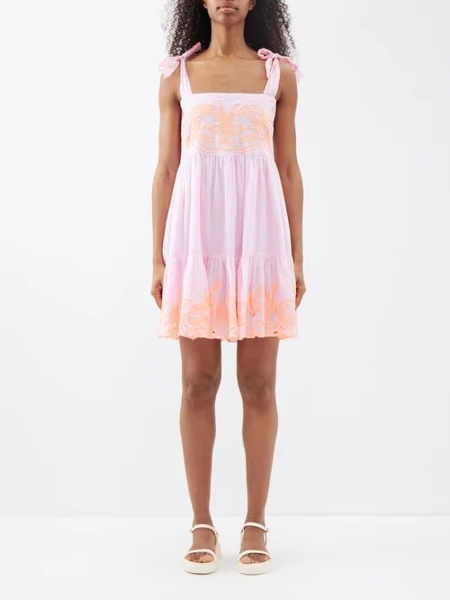 Tie-shoulder Embroidered Cotton Mini Dress - Womens - Pink Orange