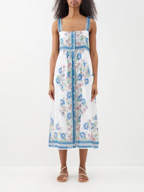 Tie-shoulder Block-print Cotton Midi Dress - Womens - White Multi