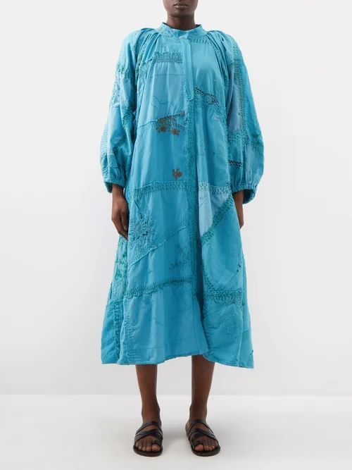 Zarzar 1920s Embroidered Linen Dress - Womens - Bright Blue